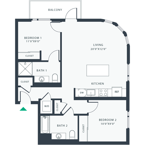 Floor plan for 2 beds, 2 baths, 1025 sqft
